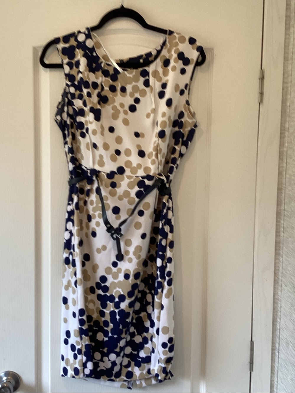 Soho Apparel White Dress with Navy and Tan Dot Print 14 EUC